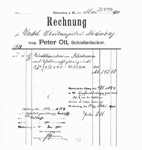 Rechnung des Ur-Grossvaters Peter Ott von 1900